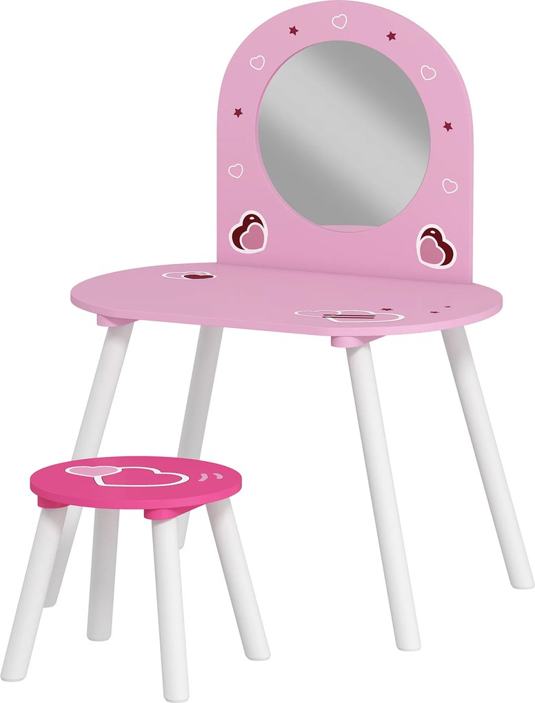 Toucador Infantil com Banco e Espelho Toucador para Meninas com Desenhos de Corações  60x43,5x83 cm  Rosa