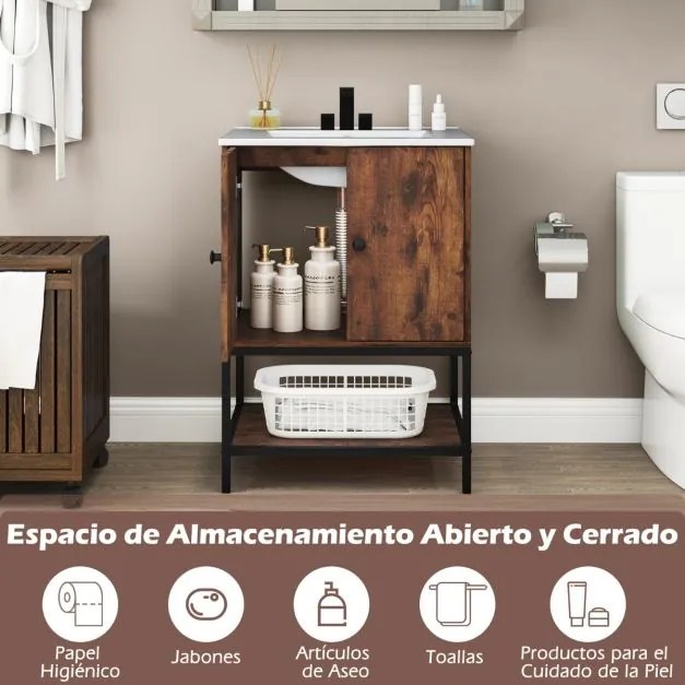 Armário de casa de banho com lavatório em cerâmica com arrumação sob o lavatório com 2 portas Castanho rústico