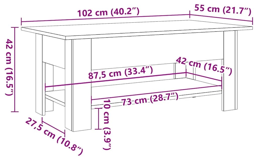 Mesa centro 102x55x42cm derivados de madeira carvalho artisiano