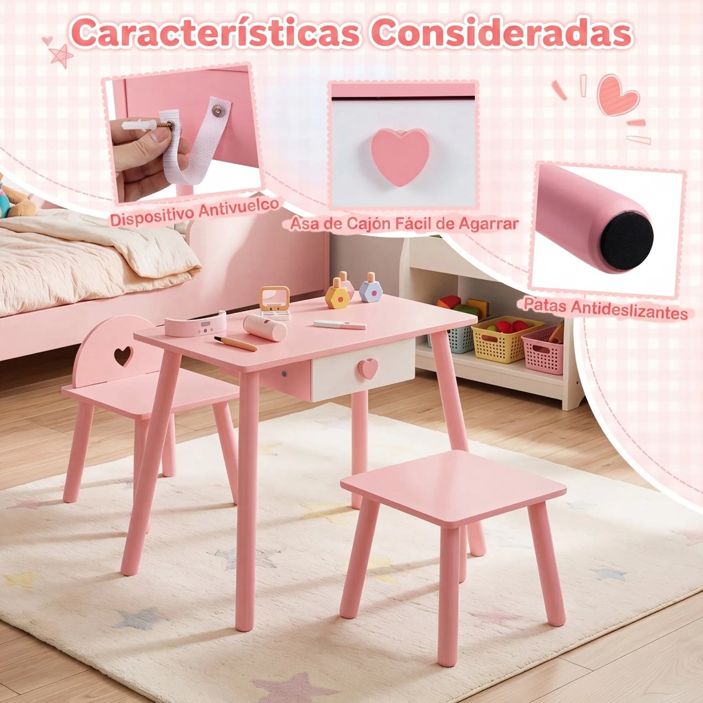 Conjunto de Mesa de Manicure Infantil com Cadeira e Banco, 60 x 34 x 49 cm, Design 2 em 1, Rosa