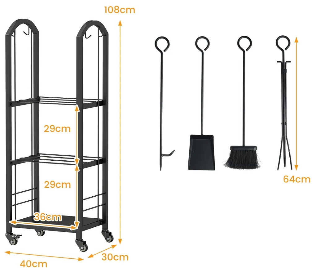 Estante para lenha 40 x 30 x 108 cm de 3 níveis com rodas e conjunto de 5 ferramentas. Inclui tenaz, atiçador, vassoura e pá para interior e exterior