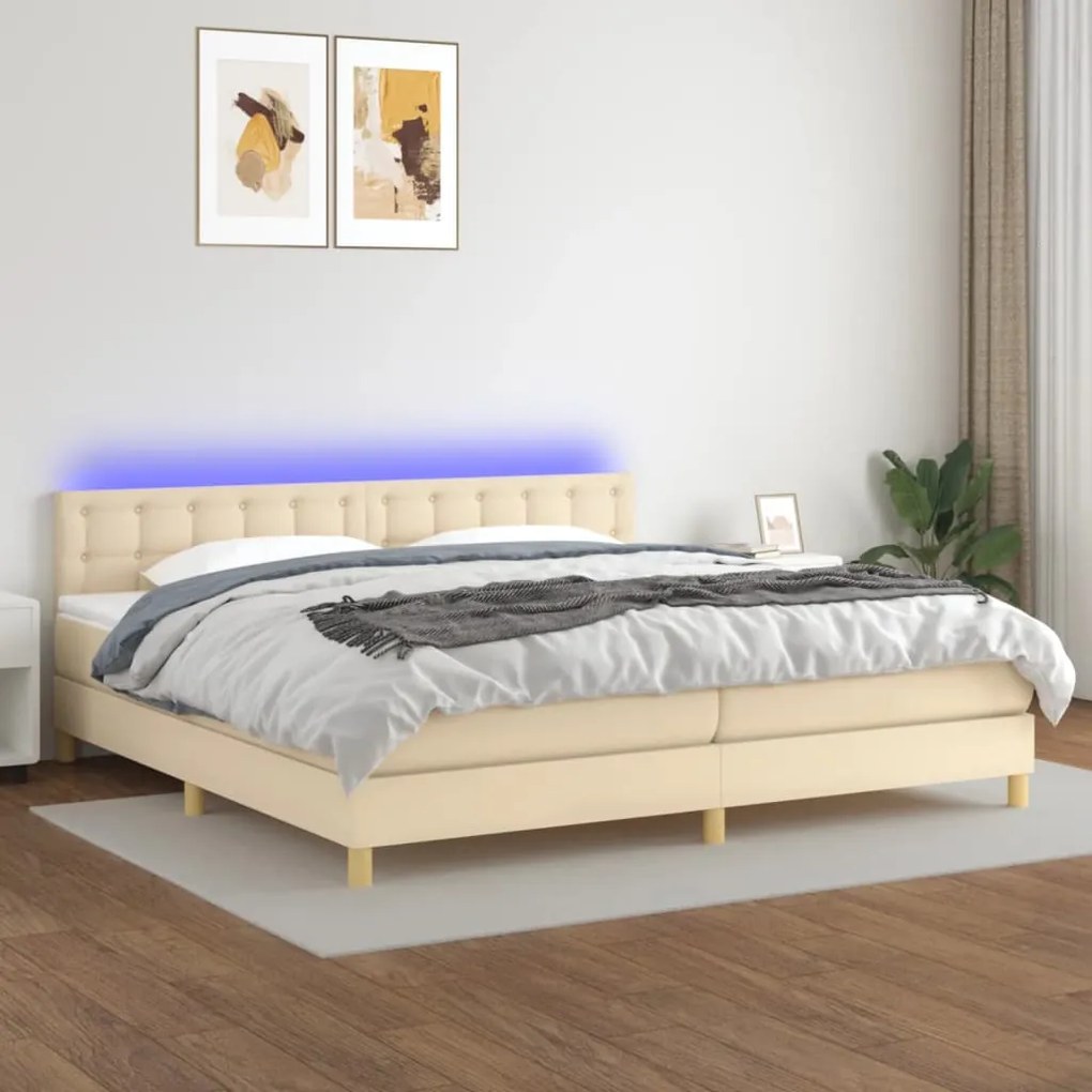 Cama box spring c/ colchão e LED 200x200 cm tecido cor creme