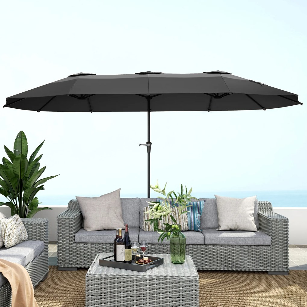 Chapéu de Sol Duplo 4x2,2 m Chapéu de Sol para Jardim com Manivela Manual Impermeável e Proteção UV30+ Cinza Escuro