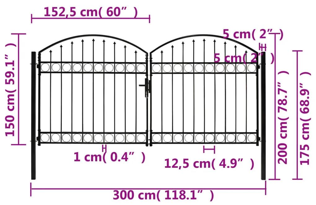 Portão p/ cerca porta dupla e topo arqueado 300x150cm aço preto