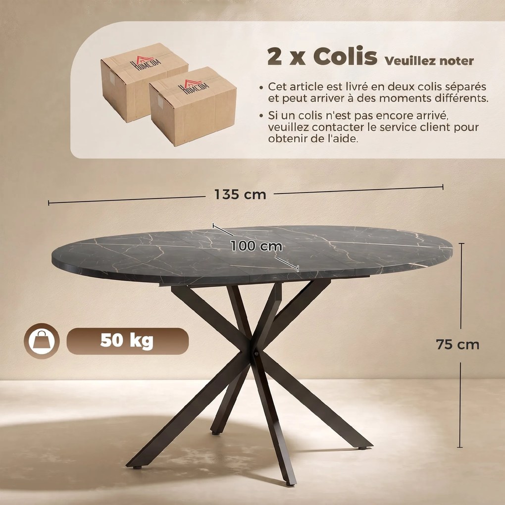 Mesa de Jantar Extensível Oval, 100-135 x 100 x 75 cm (CADEIRAS NÃO INCLUIDAS), para 4 a 6 Pessoas, Preto