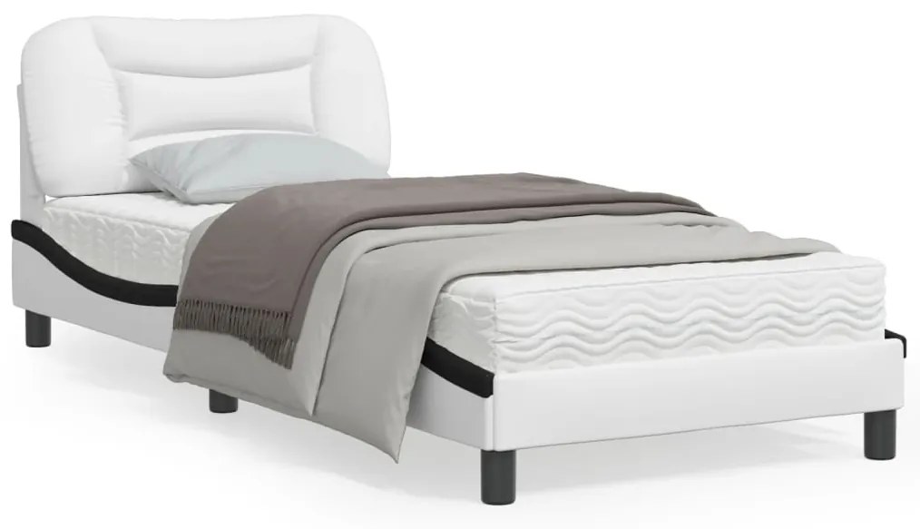 Estrutura cama c/cabeceira couro artificial 80x200 branco/preto