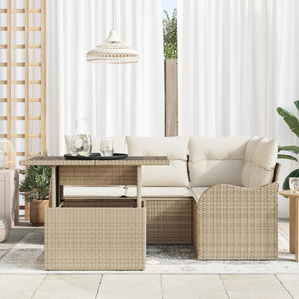 Conjunto de Sofá de Jardim vidaXL de 5 Peças com Almofadas Bege de Rat