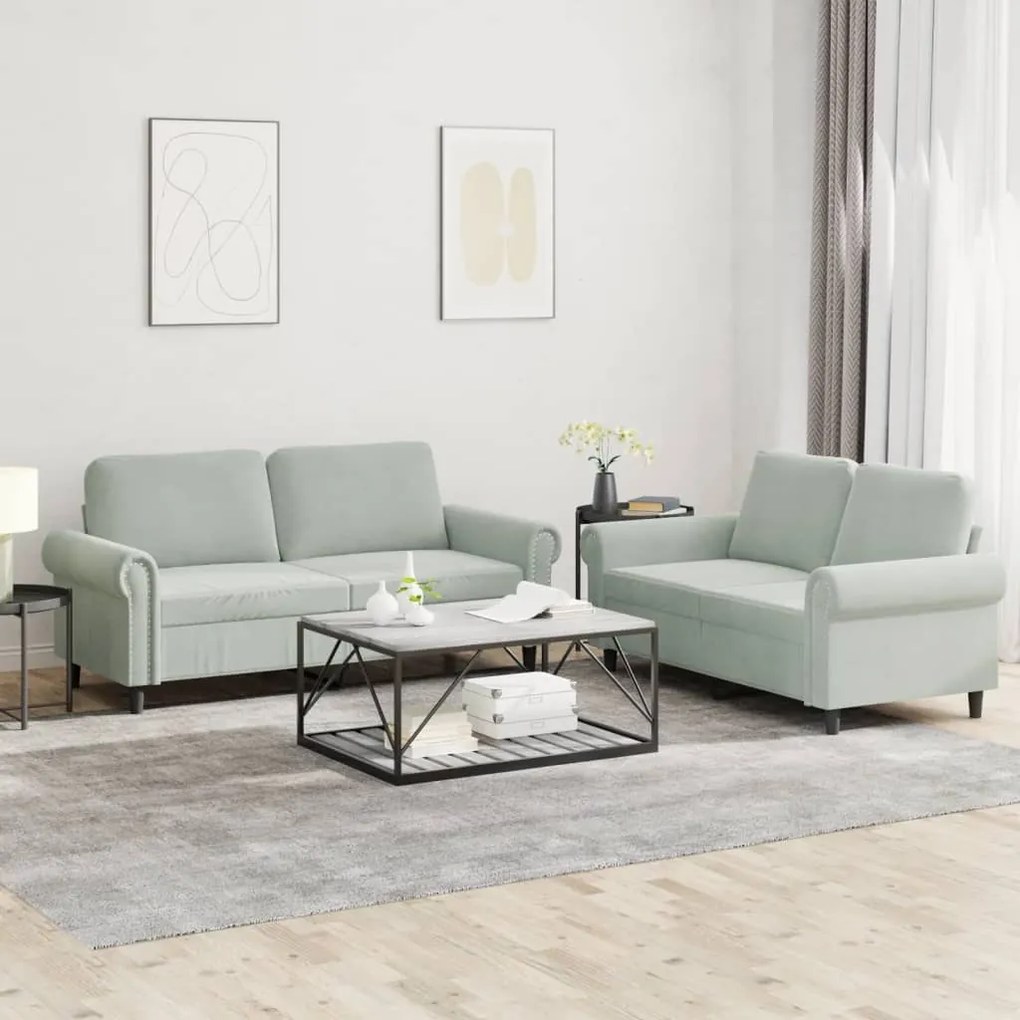 3202210 vidaXL 2 pcs conjunto de sofás com almofadões veludo cinzento-claro