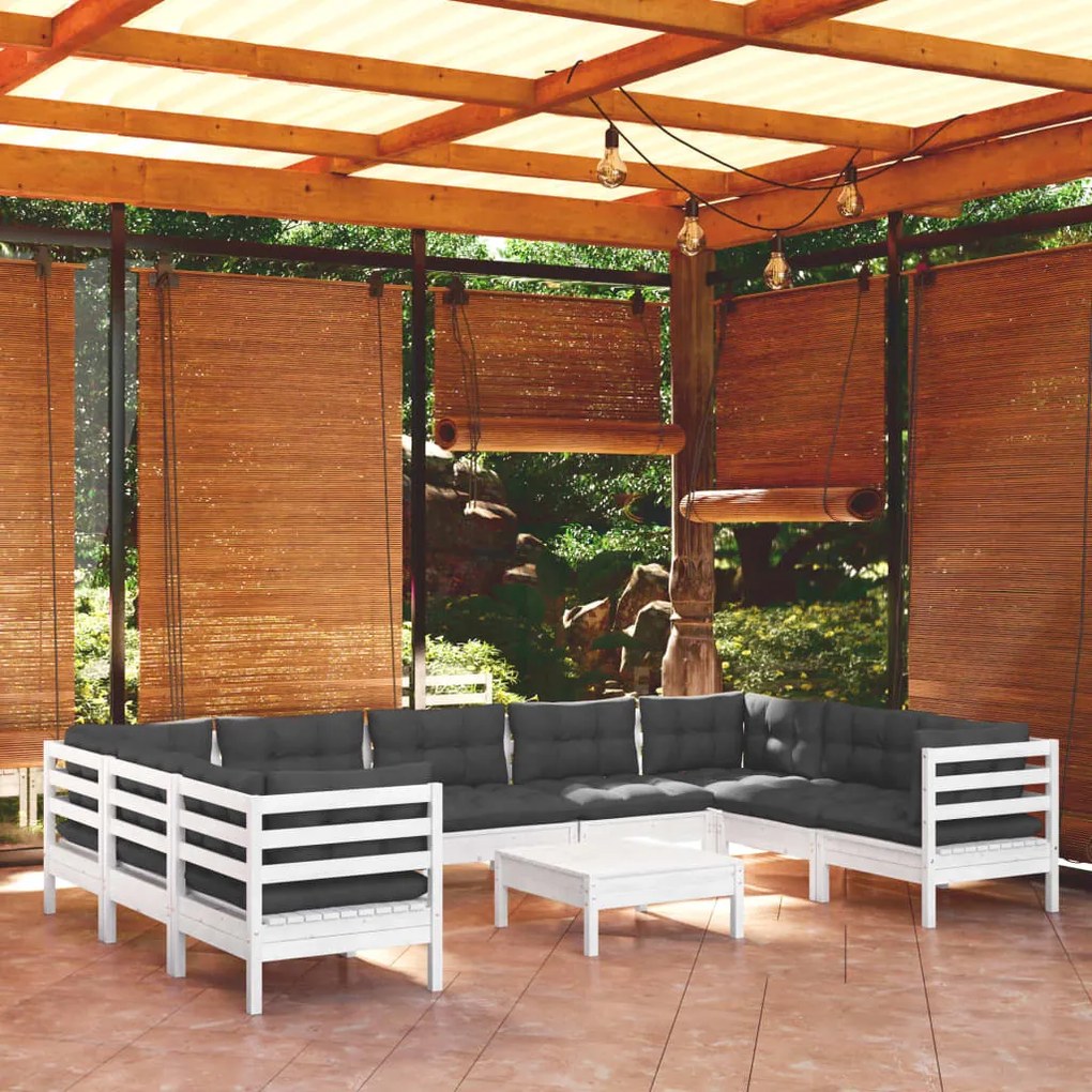 vidaXL 10 pcs conjunto lounge de jardim c/ almofadões pinho branco