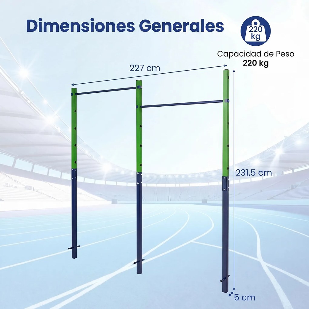 Barra de Elevações de Exterior Dupla, 227 x 5 x 231,5 cm, Altura Regulável em 5 Posições, Verde
