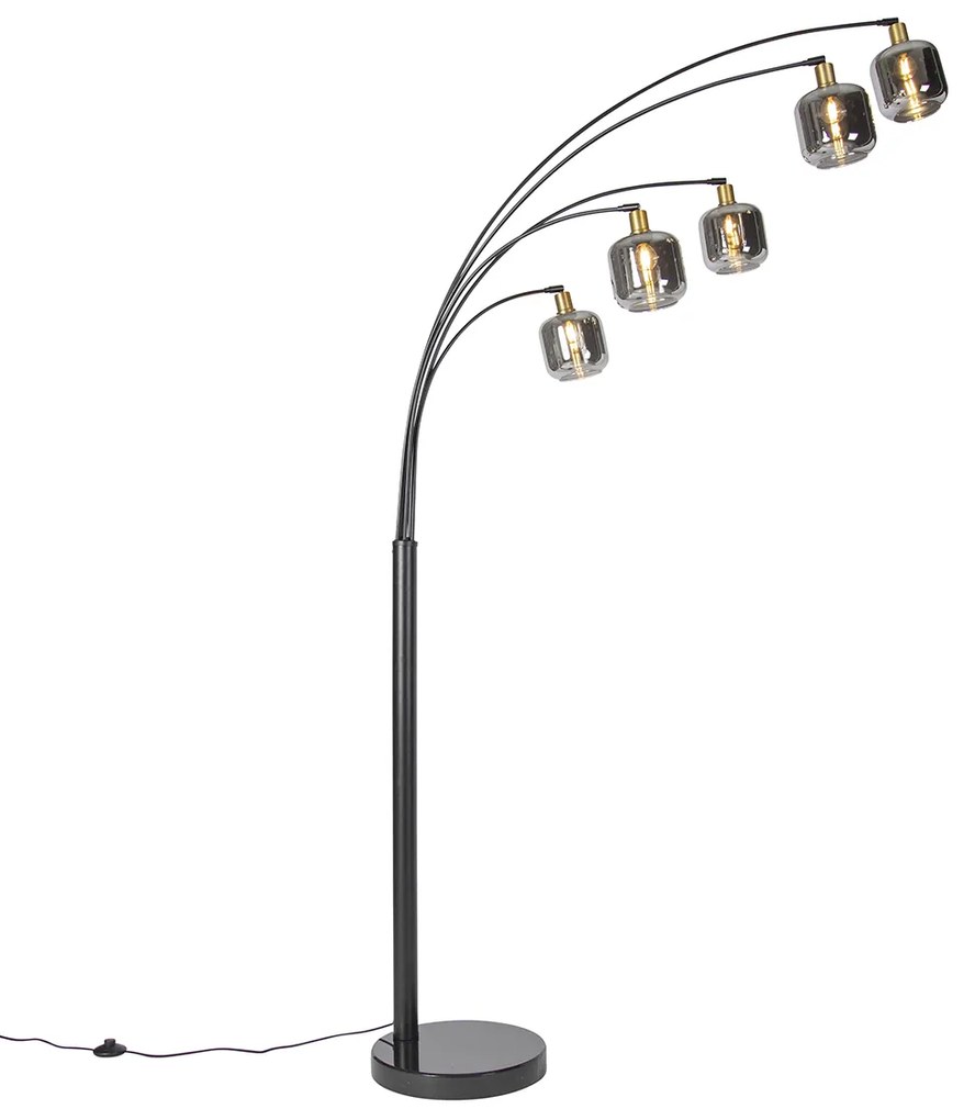 Candeeiro de pé preto com dourado e vidro fumê 5 luzes - Zuzanna Moderno