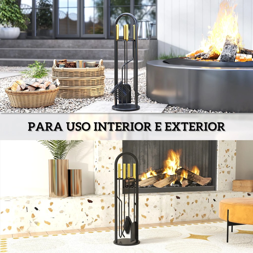 Conjunto de Acessórios para Lareira de 5 Peças de Metal com Vassoura Pá Tenazes Atiçador e Suporte 20x20x71 cm Dourado