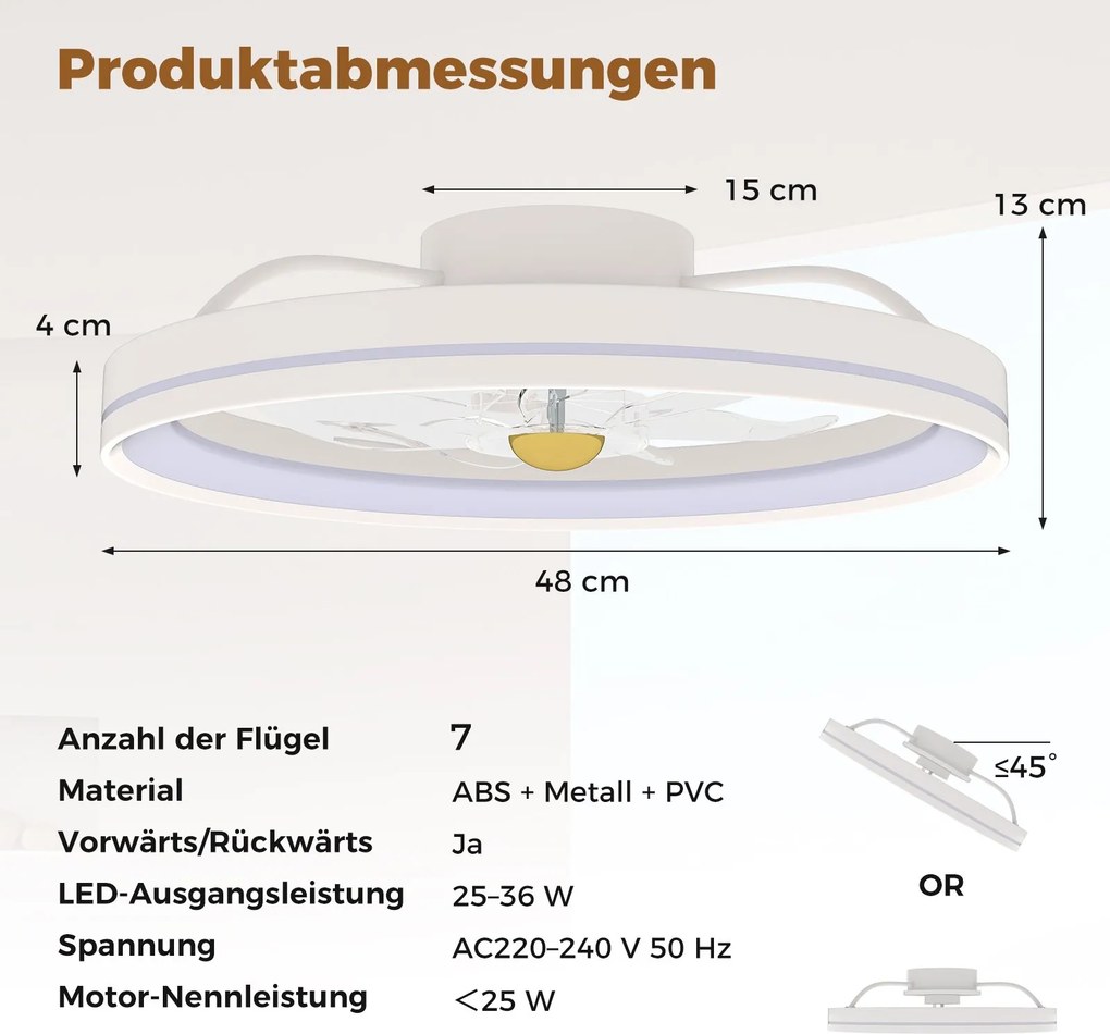 Ventoinha de teto de 48 cm de 7 pás 6 velocidades Temporizador e controlo remoto para sala, quarto, escritório Branco