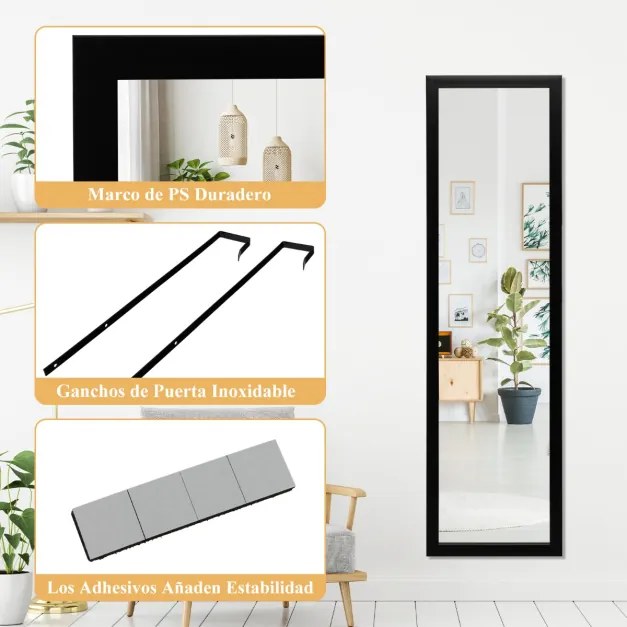 Espelho de porta/parede de corpo inteiro com ganchos Espelho para quarto, sala de estar e vestiário 33 x 119 cm preto