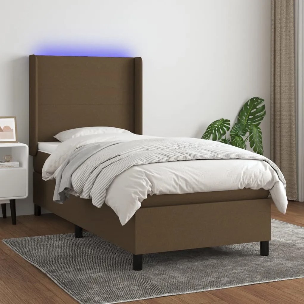 Cama box spring c/ colchão/LED 100x200cm tecido castanho-escuro