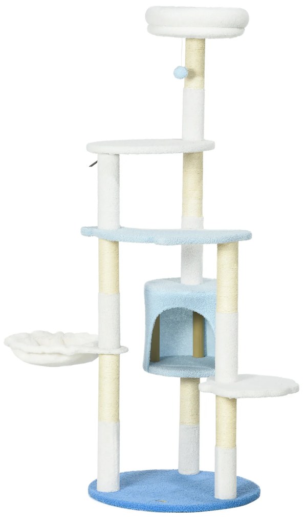 PawHut Arranhador para Gatos com Postes de Sisal Caverna Cama Rede e Bola de Brinquedo Ø54,5x155 cm Branco e Azul