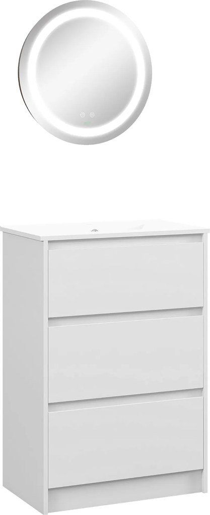 kleankin Móvel com Lavatório 61x37x88 cm e 1 Espelho com Luz LED Anti-Embaciamento Ø50x4,6 cm Branco Brilhante e Prata | Aosom Portugal
