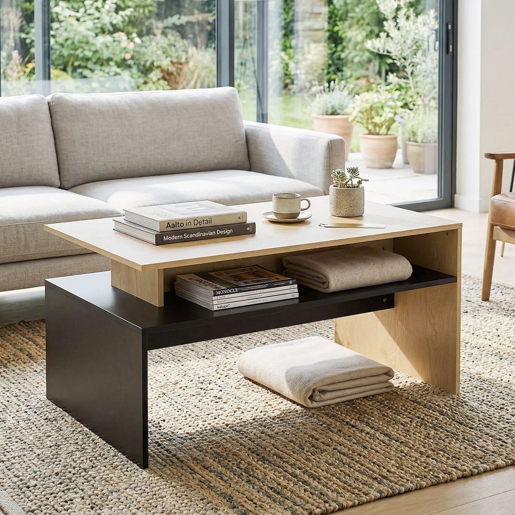 Mesa de centro 95 x 55 x 50 cm moderna bicolor com níveis deslocados e prateleira de arrumação , cor madeira natural e preta