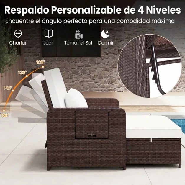 Conjunto de espreguiçadeira e sofá de rattan para jardim, 2 peças, com Pufe com espaço de arrumação, encosto ajustável e mesas dobráveis, castanho + b