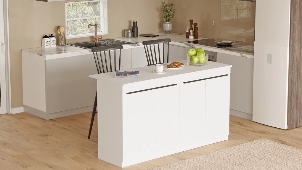 Ilha de Cozinha "Orren" - 160x90x60 cm - Branco - Design Moderno