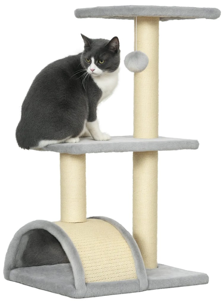 PawHut Arranhador para Gatos Médio Arranhador para Gatos de 3 Níveis Torre para Gatos com Postes de Sisal Placa para Arranhar e Bola Suspensa Cinza