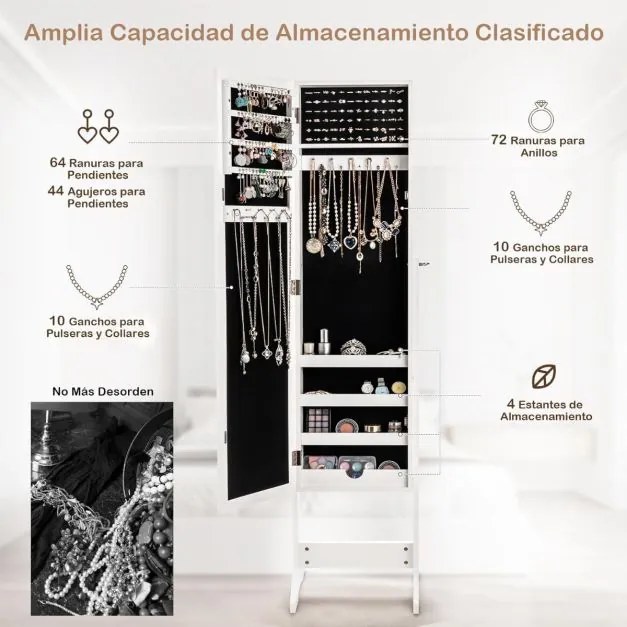 Espelho de joias de pé 35 x 30 x 144 cm com 3 inclinações, organizador de armazenamento para brincos e colares com espelho e 4 compartimentos, branco