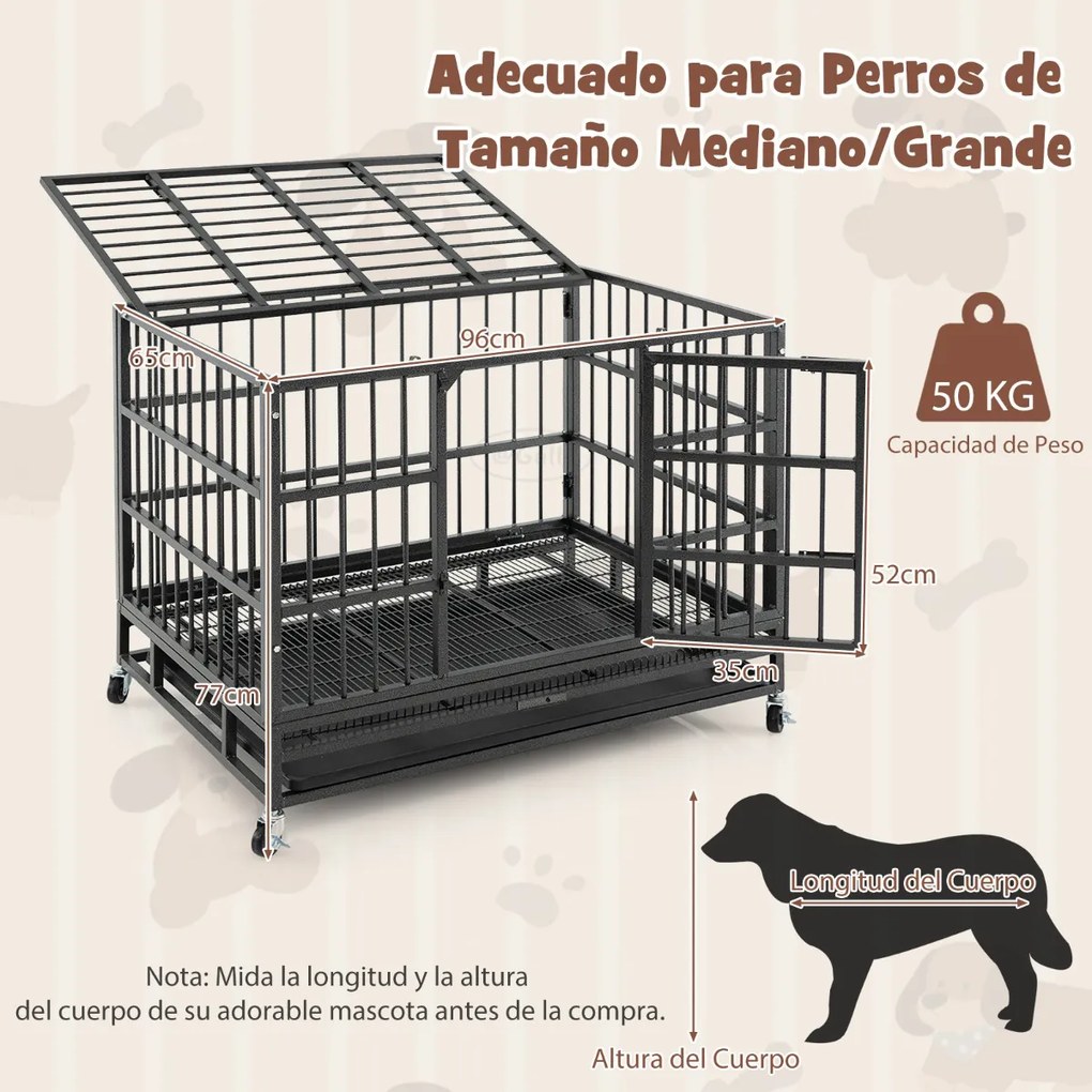 Parque Jaula dobrável para cães de 96 cm com rodas, fechadura, tabuleiro amovível, 2 portas, portátil, interior e exterior, preto