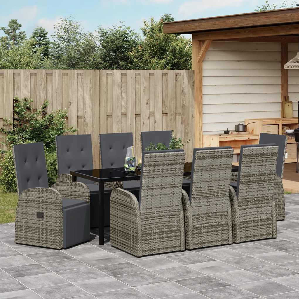 Conjunto de Jantar de Jardim de 9 Peças com Almofadas Cinza Rattan PE