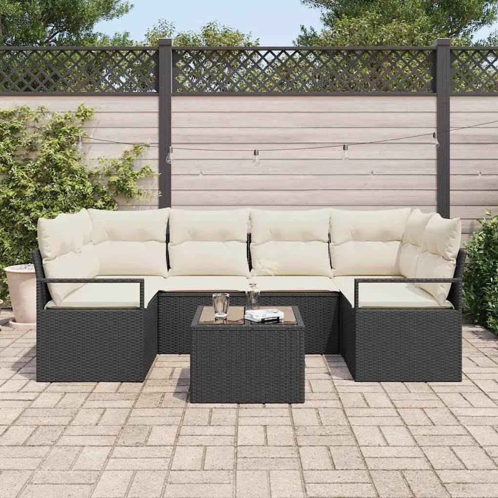 Conjunto de Sofá de Jardim 7 Peças com Almofadas Pretas em Rattan Sint