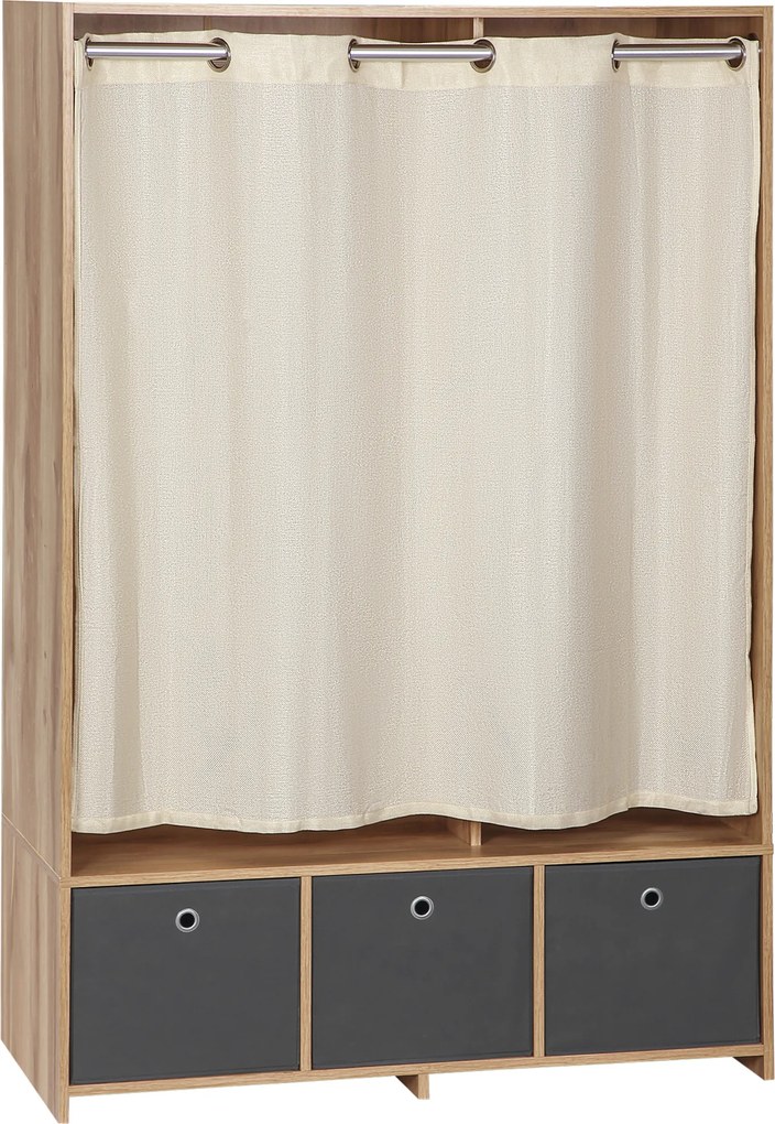 Armário de roupa, com varão para cortinas, 3 gavetas de tecido removíveis, 105 x 48 x 160 cm, natural