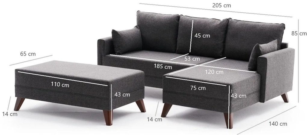 Sofá-Cama de Canto Bella – Antracite – 205x85x81 cm