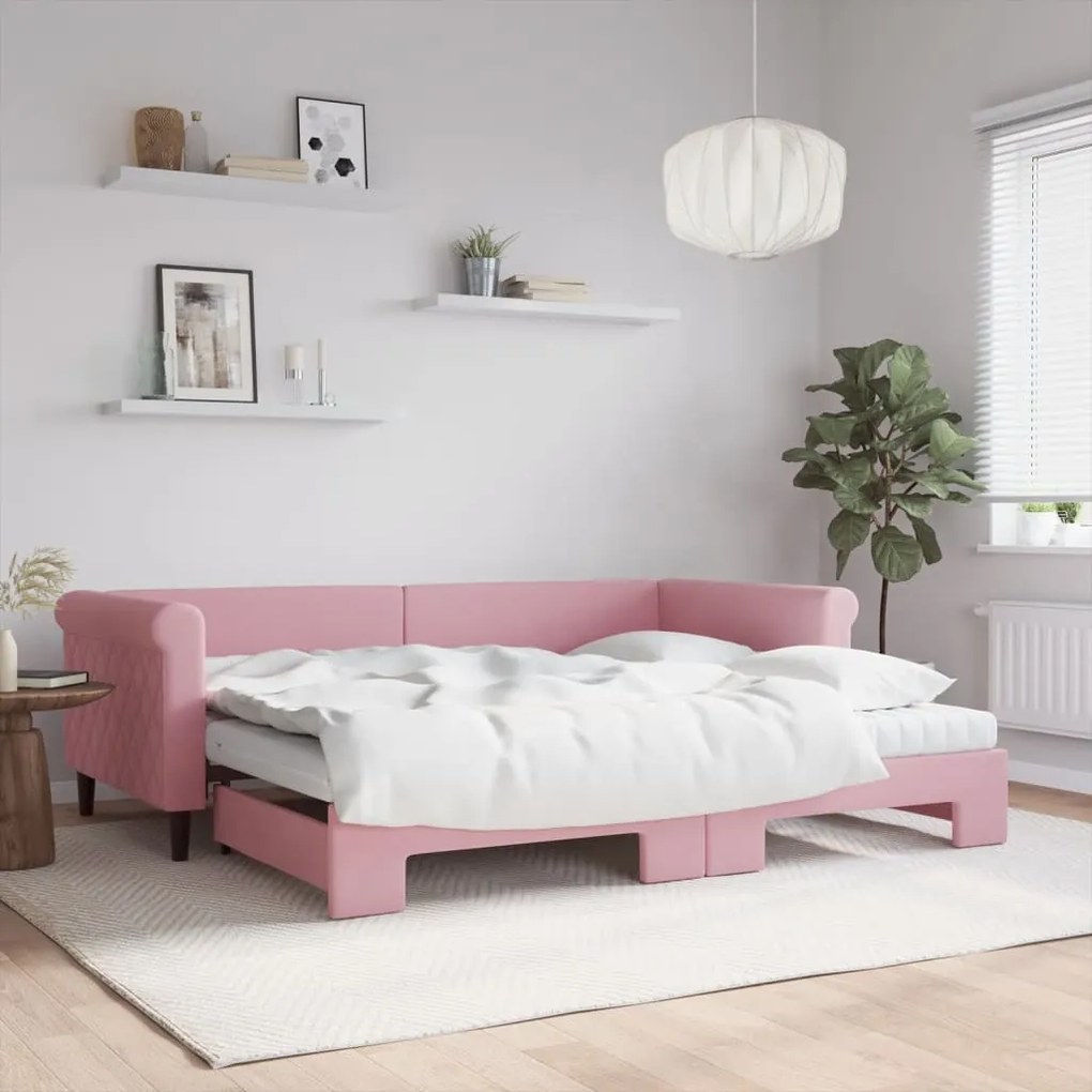 vidaXL Sofá-cama com gavetão e colchões 90x200 cm veludo rosa