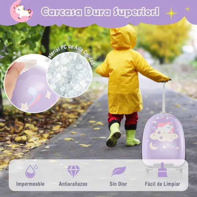 Bagagem de mão para crianças com rodas Mala de viagem rígida aprovada para aviões com pega de alumínio, 2 níveis, portátil para crianças Rosa