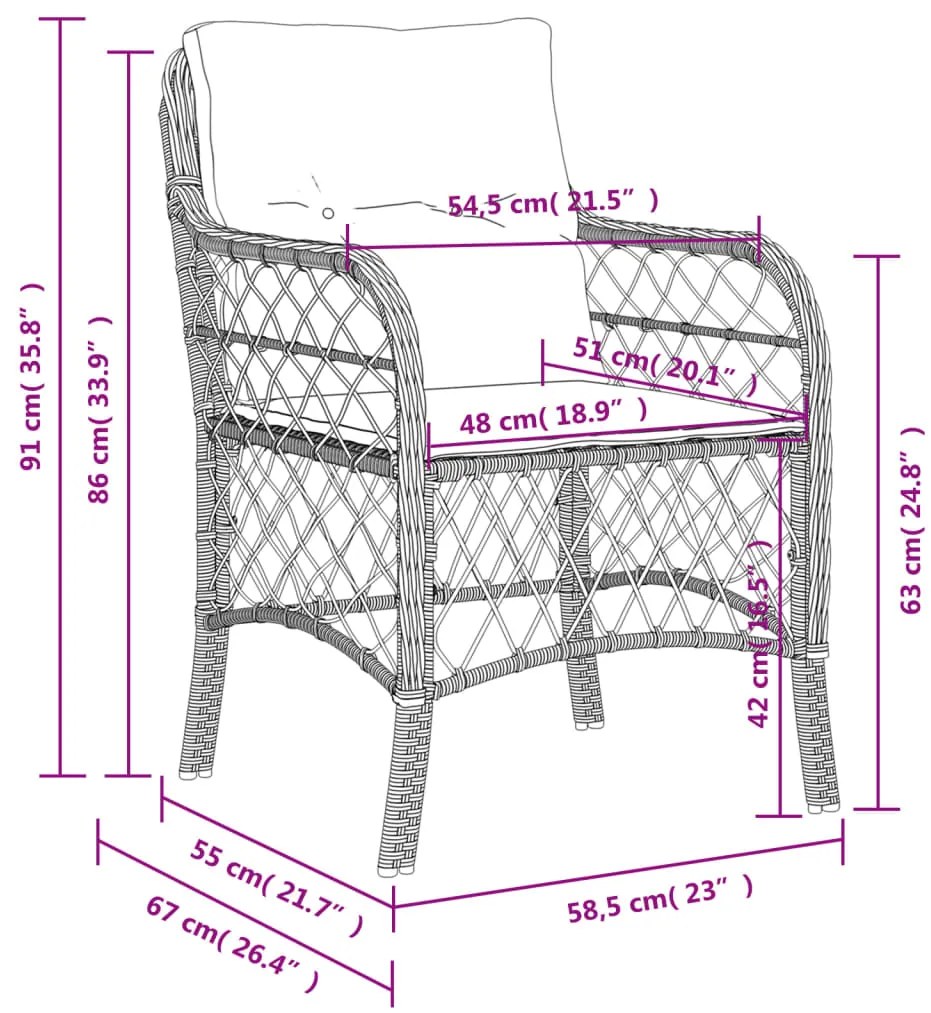 Cadeiras de jardim com almofadões 2 pcs vime PE preto