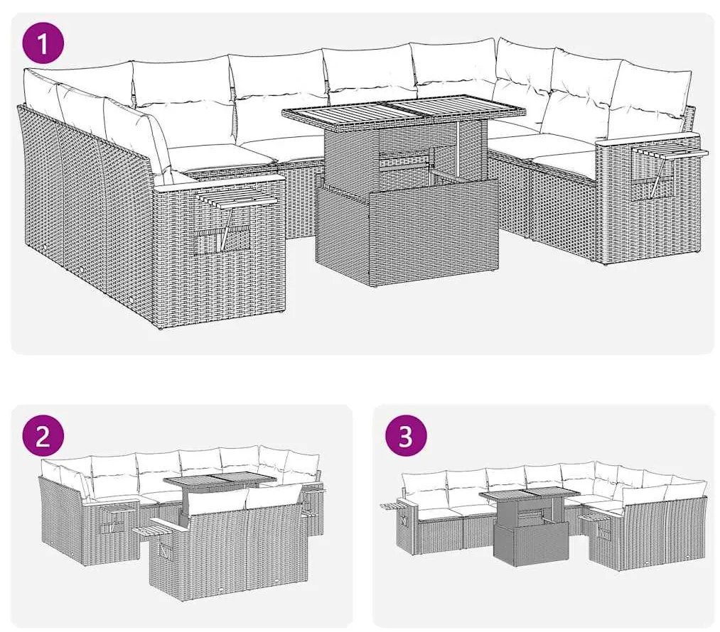 10 pcs conjunto sofás jardim almofadões vime PE/acácia cinzento