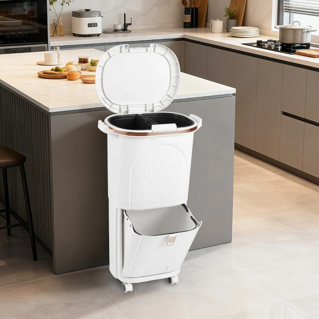 Caixote do lixo 43 x 29 x 74,5 cm para cozinha 38 L com Tampa dupla Camada 2 caixotes removíveis com Pedal e Rodas Branco