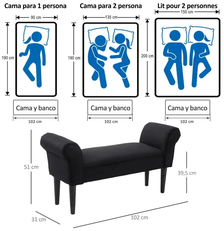 Banco Moderno de Linho – Wissy – 102x31x51 cm – Preto – Design Contemp