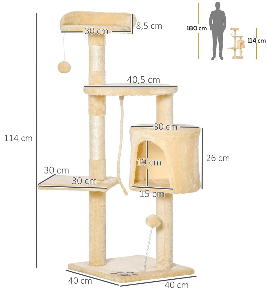 PawHut® Árvore de gato com plataformas Cabines Bolas de jogo bege 40x4