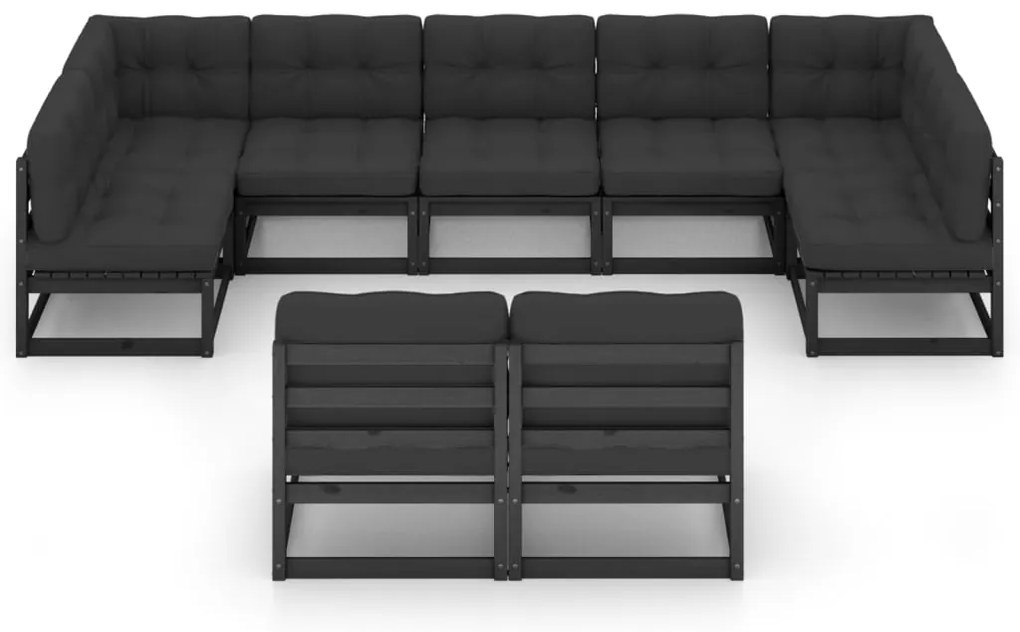 9pcs conjunto longue de jardim c/ almofadões pinho maciço preto