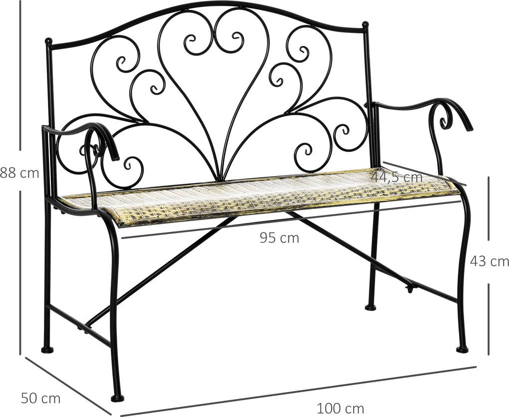 Banco de jardim de 2 lugares 100 x 50 x 88 cm, estilo neo-retro, em ferro forjado, com linhas afiladas, em metal preto dourado, com efeito envelhecido