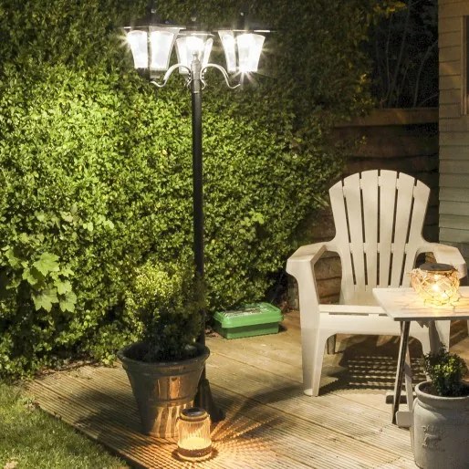 Candeeiro Solar de Jardim com 3 Luzes LED Impermeável IP44 Sensor de Noite Candeeiro de Exterior para Terraço Pátio Aço Inoxidável 51,5x47x182,5cm Pre