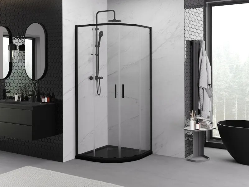 Mexen Exo-S Duo cabine de duche semicircular deslizante 90 x 90 cm, transparente, preta - 8132-090-090-70-00