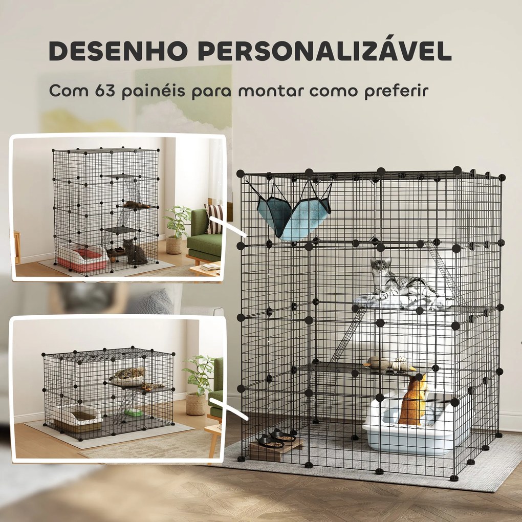 Gaiola Grande para Gatos de Interior com 4 Níveis  5 Portas 3 Plataformas de Salto 3 Rampas e Rede 105x105x140 cm Preto
