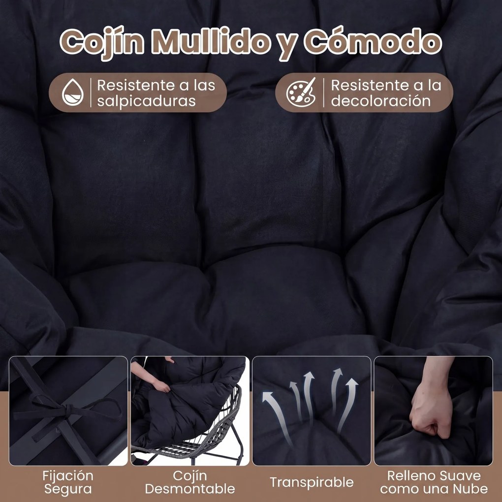 Cadeira de baloiço com apoio para os pés em rattan PE, almofadas removíveis, Estrutura metálica antiderrapante, capacidade de carga de 150 kg, para sa