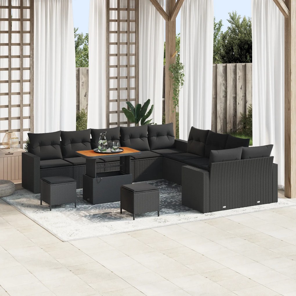 Conjunto de Sofá de Jardim vidaXL de 13 Peças com Almofadas Preto Poli