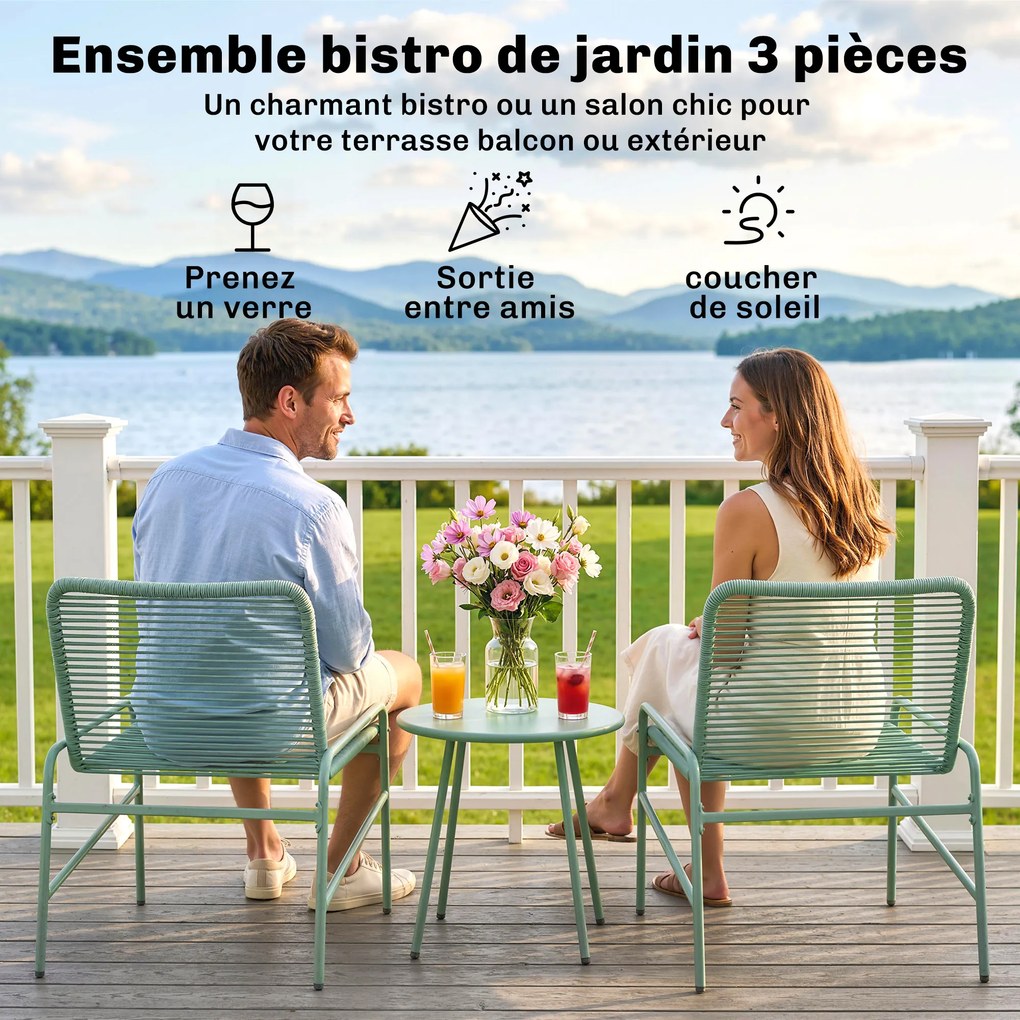 Conjunto de jardim de 3 peças para exterior em resina trançada e aço, mesa redonda de jardim com 2 cadeiras verde
