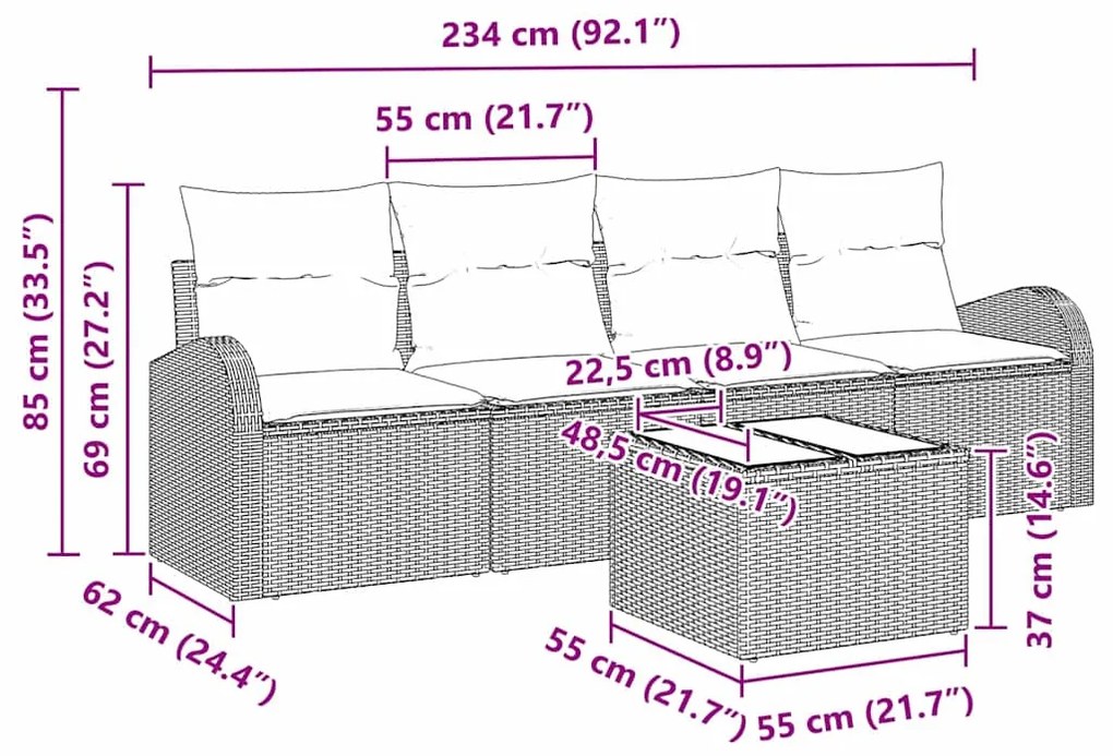 Conjunto de Sofás de Jardim de 5 Peças com Almofadas em Rattan Poli Be