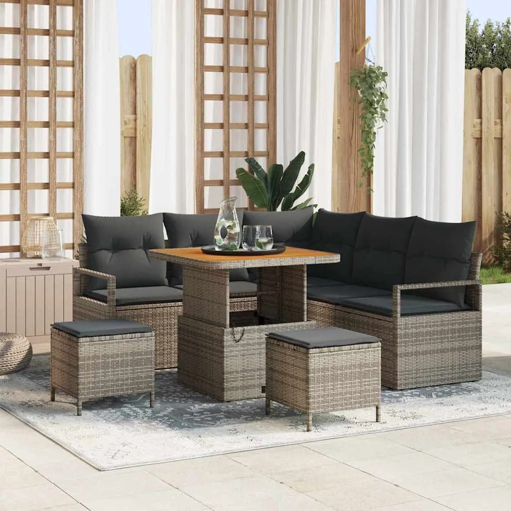 Conjunto de Sofá de Jardim 8 Peças com Almofadas Cinza em Polirattan e