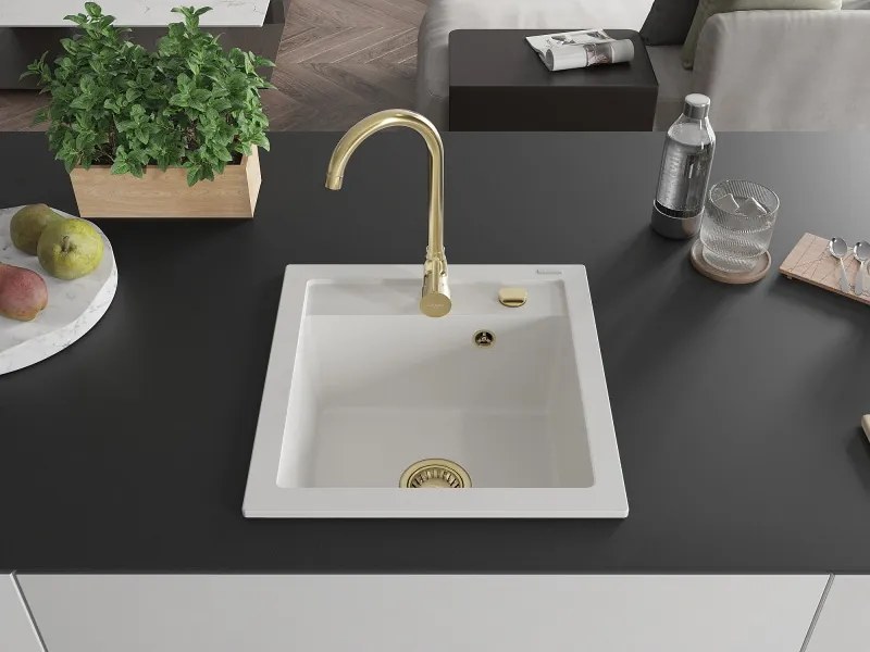 Mexen Vito lava-louça de granito de 1 bacia 520 x 490 mm, branco, sifão dourado - 6503521000-20-G
