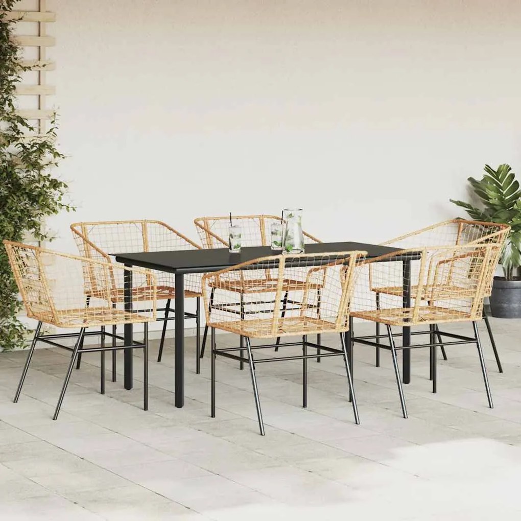 Conjunto jantar jardim 7 peças vidro vime PE castanho